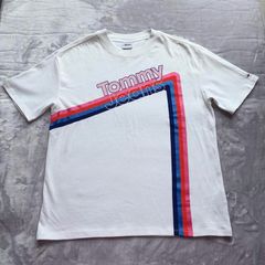 Tommy Jeans Size S White/Off White Oversized 100% Cotton Logo T-Shirt with bold retro logo graphic in pink, red and blue.