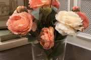Soft peach  cream artificial flower arrangement with clear glass vase