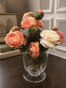 Soft peach  cream artificial flower arrangement with clear glass vase