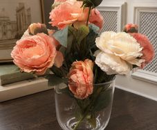 Soft peach  cream artificial flower arrangement with clear glass vase