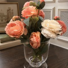 Soft peach  cream artificial flower arrangement with clear glass vase
