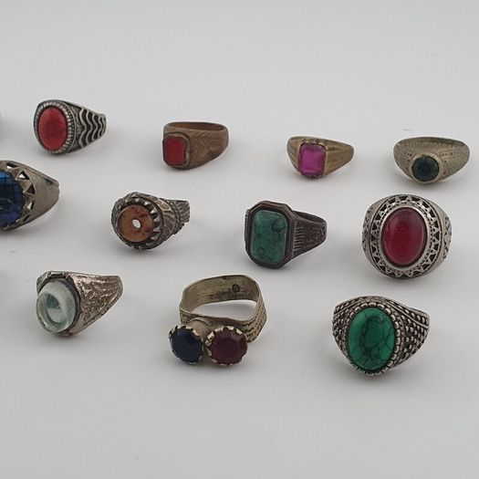 Antique Ring Lot 15 Mixed Brass, Stone & Glass Rings