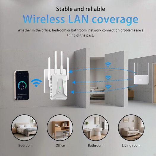 WiFi Extender Booster, WiFi Booster 4 Antennas Ethernet Port, 30 Devices WiFi Booster Range Extender, Covers Up to 5000 Sq.ft, Quick Setup, Works with Any WiFi Router, UK Plug