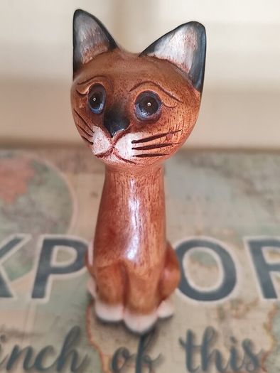 Hand-Carved Wooden Siamese Cat Figurine / Ornament