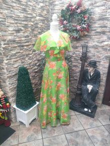 Vintage 60s 70s green floral maxi dress Small