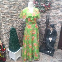 Vintage 60s 70s green floral maxi dress Small