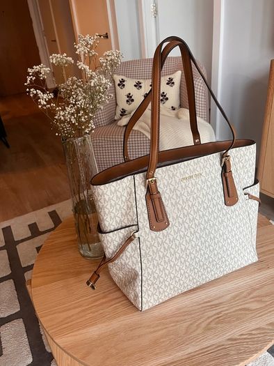 Michael Kors Tote Bag - Like New - Vanilla MK Logo & Tan Leather - Large