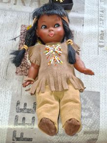 Beautiful Old Doll dark hair, beaded suede leather outfit matching suede moccasins and a headband, Postage Available or Collection,