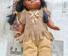Beautiful Old Doll dark hair, beaded suede leather outfit matching suede moccasins and a headband, Postage Available or Collection,