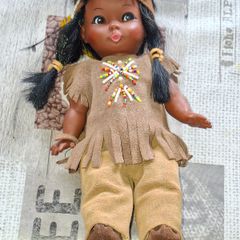 Beautiful Old Doll dark hair, beaded suede leather outfit matching suede moccasins and a headband, Postage Available or Collection,