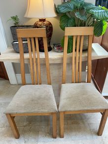 2 x Matching Beige Padded Tall Back Wooden Kitchen Dining Chairs - Can Deliver