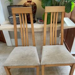 2 x Matching Beige Padded Tall Back Wooden Kitchen Dining Chairs - Can Deliver