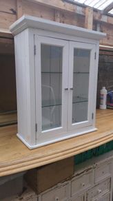 White Wood Double Glass Door Wall Cabinet - Glass Shelves, Chrome Knobs - Bathroom or Kitchen