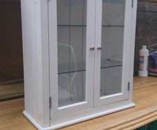 White Wood Double Glass Door Wall Cabinet - Glass Shelves, Chrome Knobs - Bathroom or Kitchen