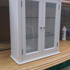 White Wood Double Glass Door Wall Cabinet - Glass Shelves, Chrome Knobs - Bathroom or Kitchen