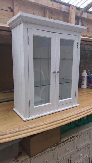 White Wood Double Glass Door Wall Cabinet - Glass Shelves, Chrome Knobs - Bathroom or Kitchen