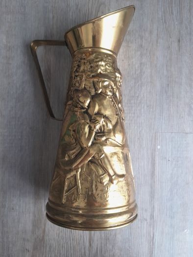 Vintage Peerage England Brass Pitcher Watering Can with Embossed Scene