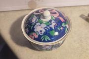 Vintage Otagiri Trinket Box Blue Gold trim Round Floral Fraser Collection Japan