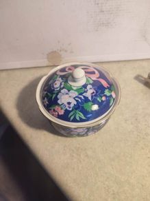 Vintage Otagiri Trinket Box Blue Gold trim Round Floral Fraser Collection Japan