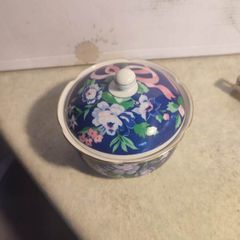 Vintage Otagiri Trinket Box Blue Gold trim Round Floral Fraser Collection Japan