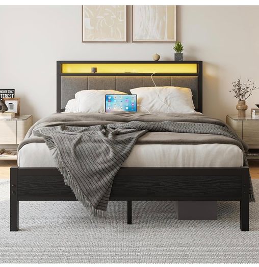 5FT King Size Bed Frame with Storage Headboard, Black Metal King Bed with Upholstered Headboard, LED Lights and Charging Station, Heavy Duty Metal Slats Support,Easy Assembly