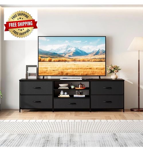 TV Stand Cabinet, TV Unit with 5 Drawers, 140 cm, All Black TV Console Table with Storage Organizers, Entertainment Center with Open Shelf for Living Room, Bedroom