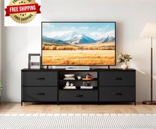 TV Stand Cabinet, TV Unit with 5 Drawers, 140 cm, All Black TV Console Table with Storage Organizers, Entertainment Center with Open Shelf for Living Room, Bedroom