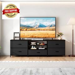 TV Stand Cabinet, TV Unit with 5 Drawers, 140 cm, All Black TV Console Table with Storage Organizers, Entertainment Center with Open Shelf for Living Room, Bedroom