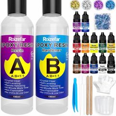 Resin Kit 380ml, Crystal Clear Epoxy Resin, Coating and Casting Resin with Foil Flakes, Resin Color Pigment, Sequins for Artwork, Jewelry Making