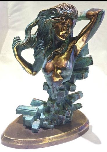 Woman With Naked Bust (35cm, 4.5kg) - Patinated Bronze, Signed