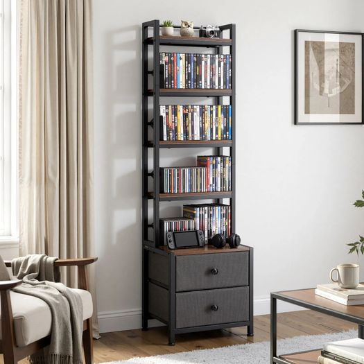 Media Storage Cabinet, 4-Shelf DVD Shelf Organizer with Drawers