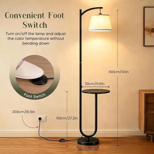 Floor Lamp with Shelf, 160cm, 3 Light Colours, E27 60W Vintage shelf lamp with 120 adjustable head, foot switch, linen shade, E27 up to 60W for home & office