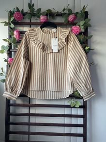 blouse Bnwt beige striped feminine frilled shoulder top size 38