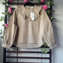 blouse Bnwt beige striped feminine frilled shoulder top size 38