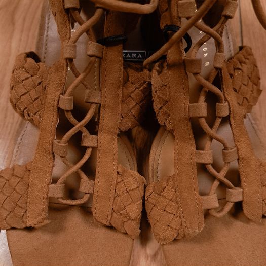 Zara Brown Tan Woven Lace-Up Gladiator Block Heel Sandals 6UK/39EU