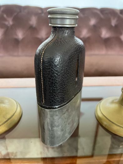 Edwardian Pewter Glass and Leather Gentlemans Hip Flask