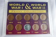 1914-1945 Word War I + World War Ii Penny Collection In Acrylic Display.