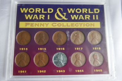 1914-1945 Word War I + World War Ii Penny Collection In Acrylic Display.