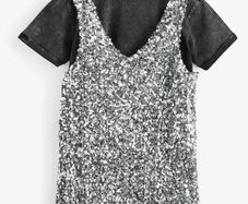 Brand New with tags Next Age 8-9 years Silver Sequin Pinafore Dress And T-Shirt Set