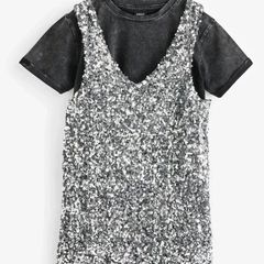 Brand New with tags Next Age 8-9 years Silver Sequin Pinafore Dress And T-Shirt Set