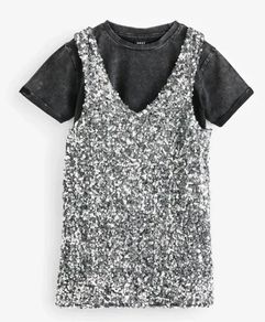 Brand New with tags Next Age 8-9 years Silver Sequin Pinafore Dress And T-Shirt Set