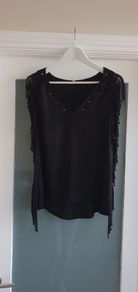 Pepe Jeans black fringed top Sz M (Fit 10-12UK)