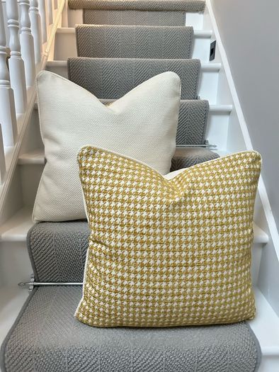 Handmade Mustard Yellow Houndstooth Cushion Covers with Cream Piping  Pair, 20 x 20 Inches
