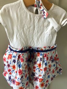 White, red orange & blue dress & matching headband