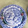 Vintage French Majolica Putti pottery plate, Barbotine, cherubs, musical, musicians, angles, pre loved, hanging, glass glazed, floral, round. --large plate  40.00 euro 27CM. diamter. -- small one 20.00 euro each . 14.5 CM. diamter    all set of 4 for  90. Image 9