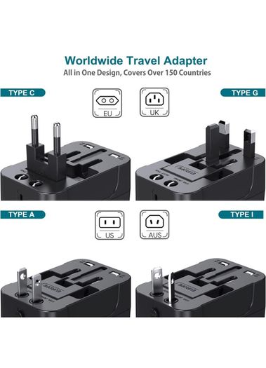 Travel Plug Adapter Worldwide Travel Adaptor with 2 USB Port and AC Socket.