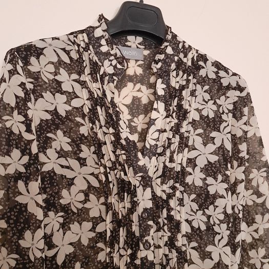 Wallis Black Cream Sheer Chiffon Floral Pintuck Pleat Blouse Top 12UK/40EU