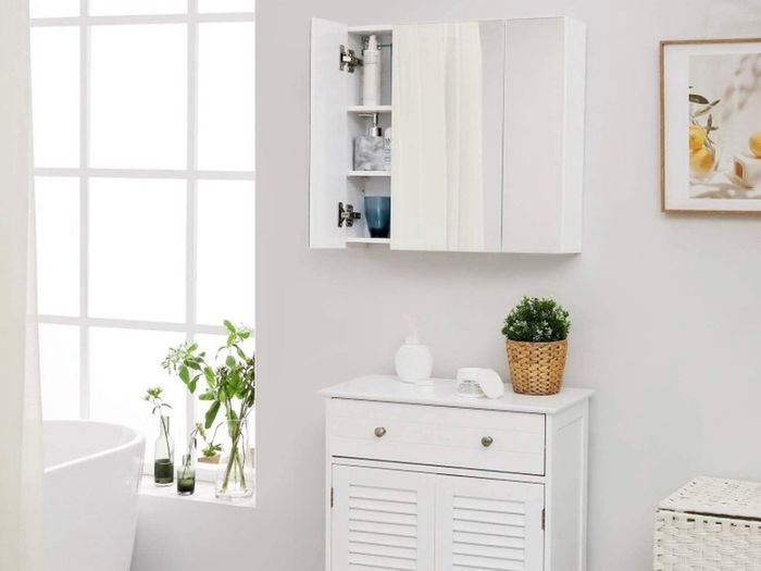 Bathroom Wall Cabinet, Cupboard with Mirror, 3-Door Storage Cabinet, 60 x 15 x 55 cm, with Adjustable Shelf, Modern, White (FREE POSTAGE)