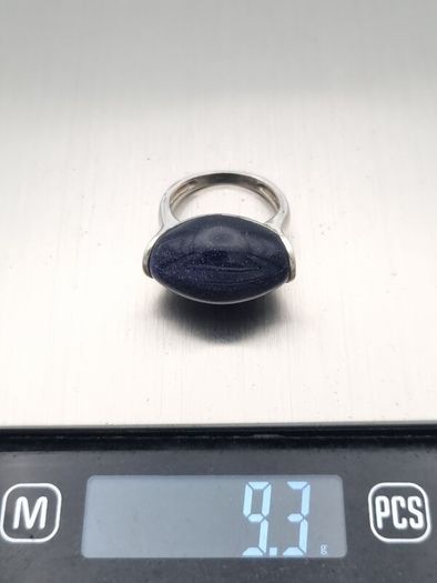 925 Vintage Sterling Silver Signed Chunky Blue Goldstone Ring