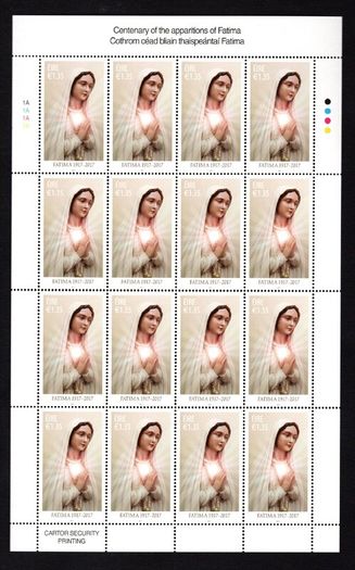 2017 Ireland The 100th Anniversary of the Apparitions of Fatima Commemorative Stamp Sheetlet Plate 1A1A1A1A Mint Never Hinged (MNH)